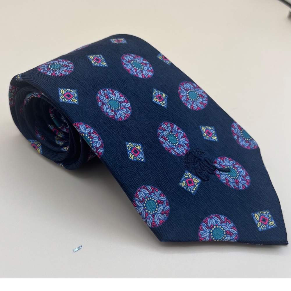 Countess Mara Mens Silk Tie Navy Blue Geometric Medallion USA Made Hand Tailored